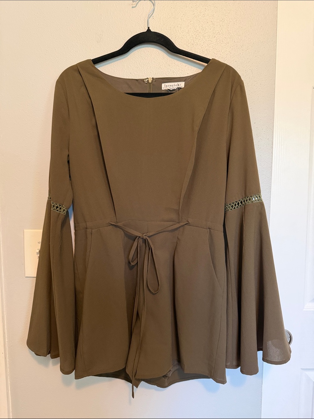 lovestitch Olive Green Bell Sleeve Tie-Waist Romper